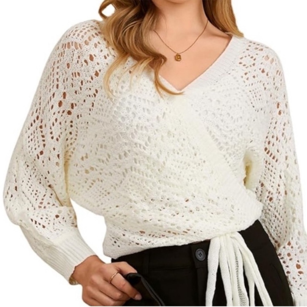 Off White or Milky White Knit Semi Sheer Wrap Sweater - Decorative Side Tie